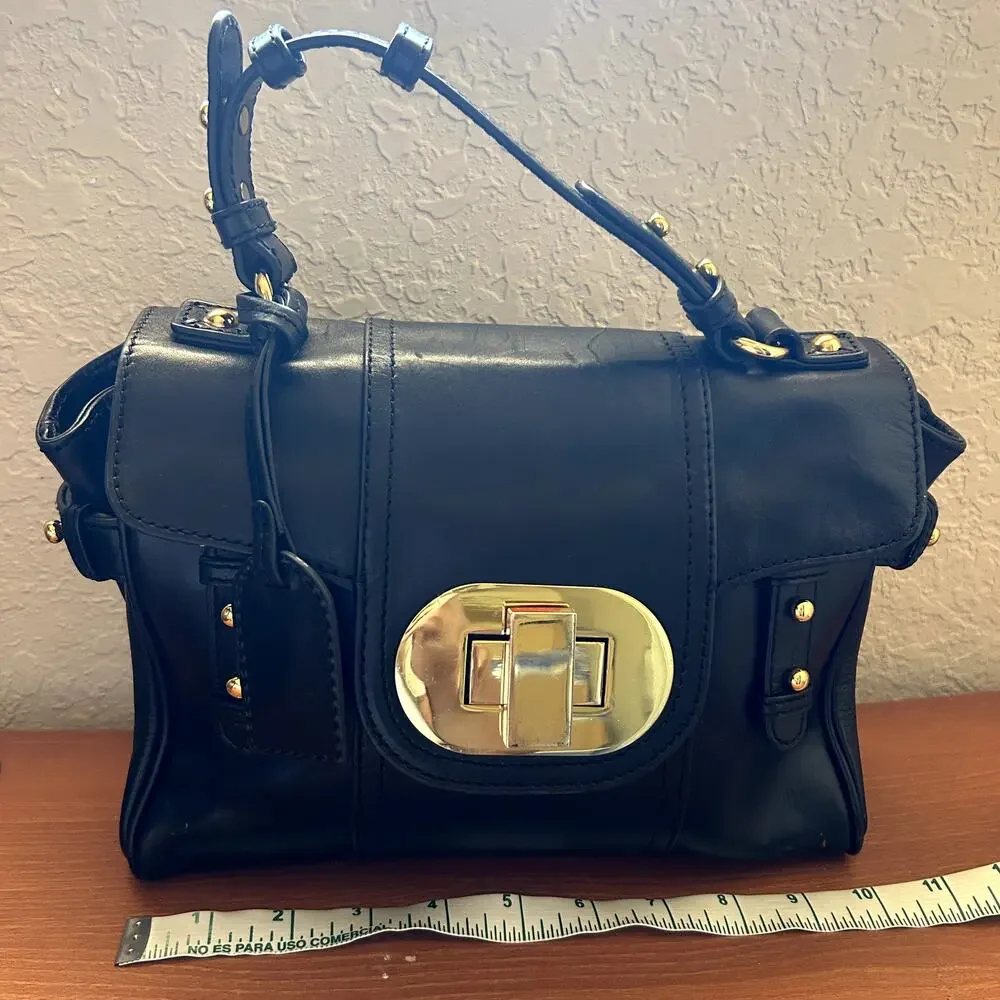 Badgley Mischka Keyra Satchel Black Leather Gold Turnlock Classic Handbag